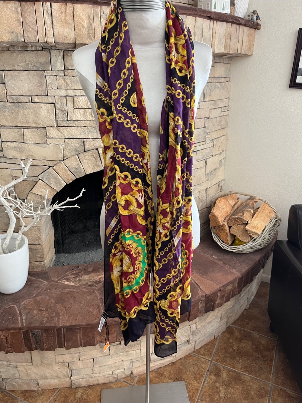 Luxurious Black and Purple Chain-Print Scarf / Wrap  - Kurt Geiger London